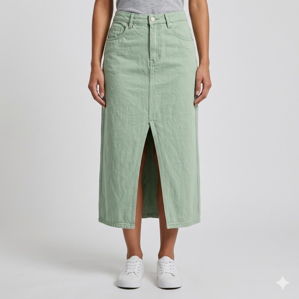 Urban Revivo Denim Maxi Skirt Front Slit Sage Green US 8